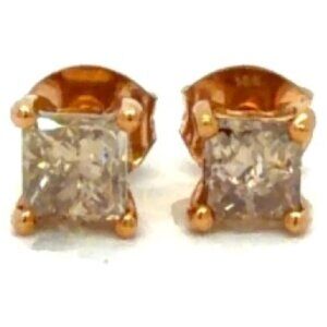 10 K Rose Gold Champagne Princess Cut Diamond 1 Carat Stud Real Beauties